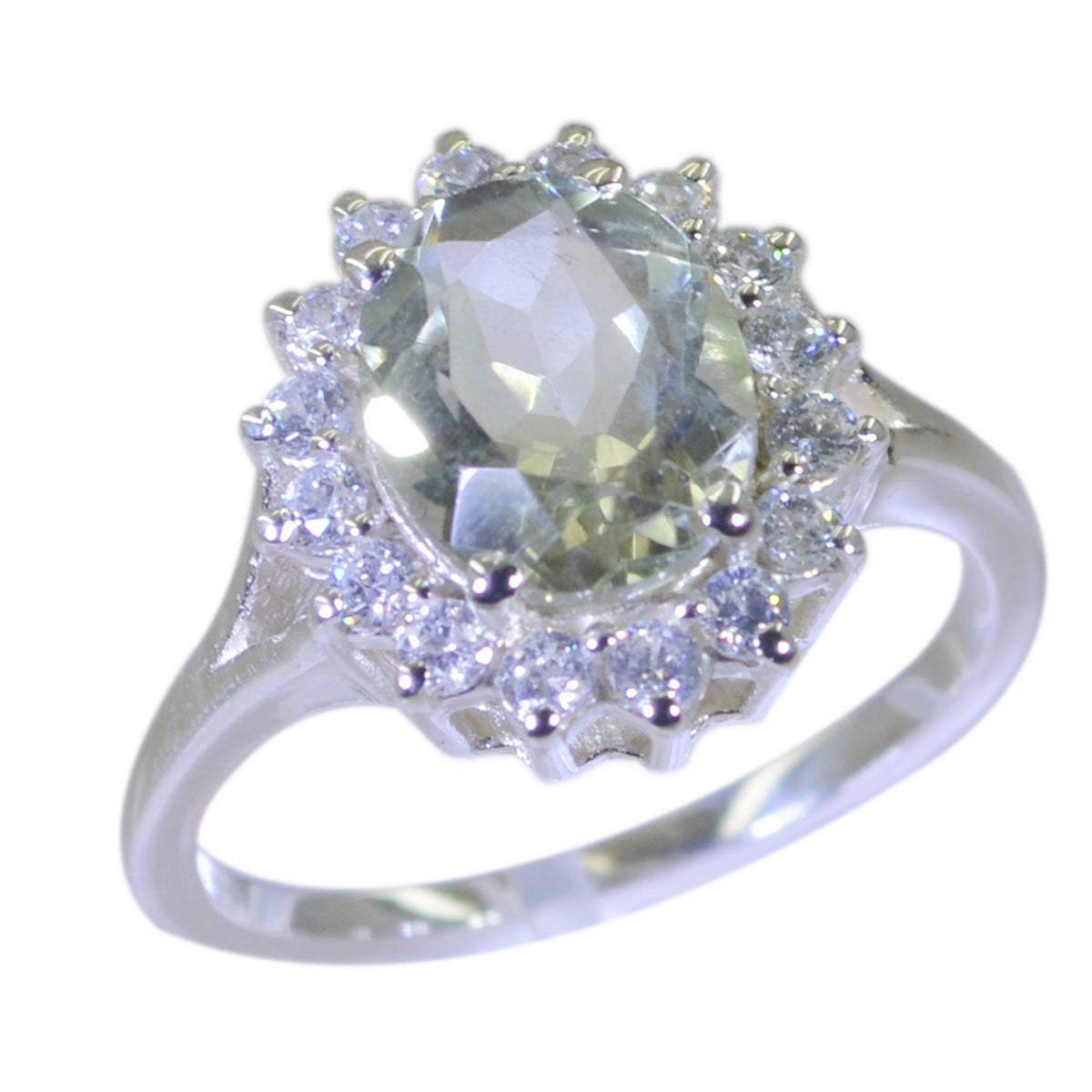 Green Amethyst Halo French 92.5 Silver Green Gemstone Edgy Trendy Ring Jewelry