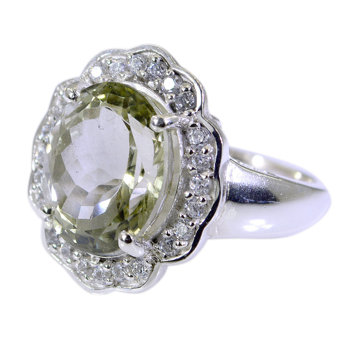 Green Amethyst Halo French 92.5 Silver Green Gems Edgy Contemporary Ring Jewellery