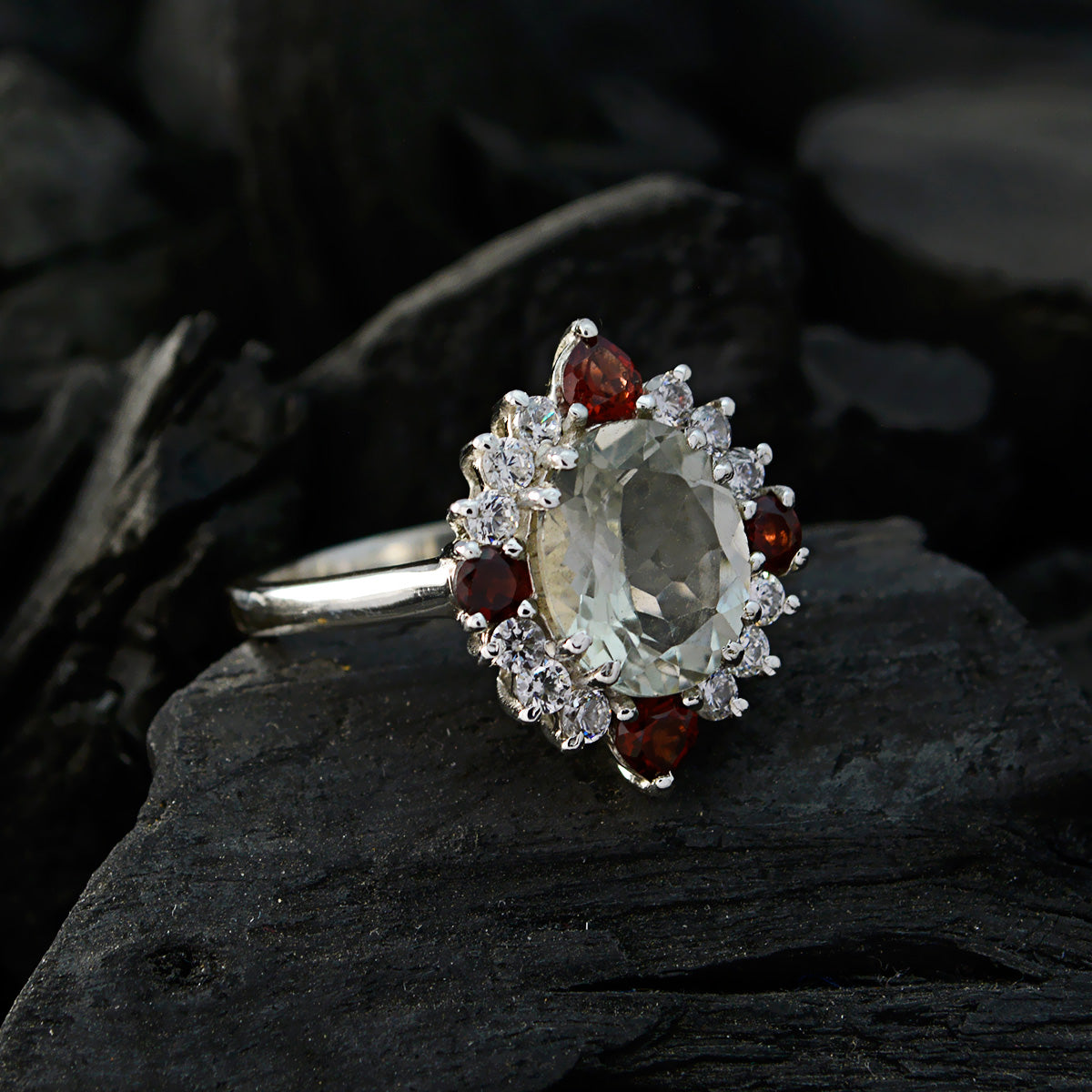 Green Amethyst Halo Egyptian 92.5 Silver Green Gems Eye catching Trendy Ring Jewelry