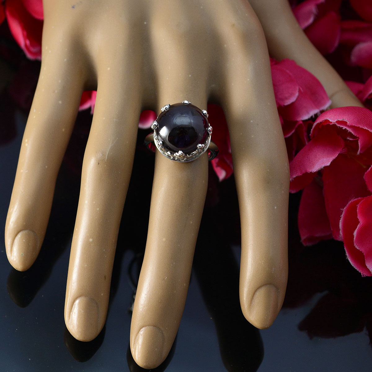 Garnet Solitaire French Sterling Silver Red Gemstone Minimal Art Deco Ring Jewelry