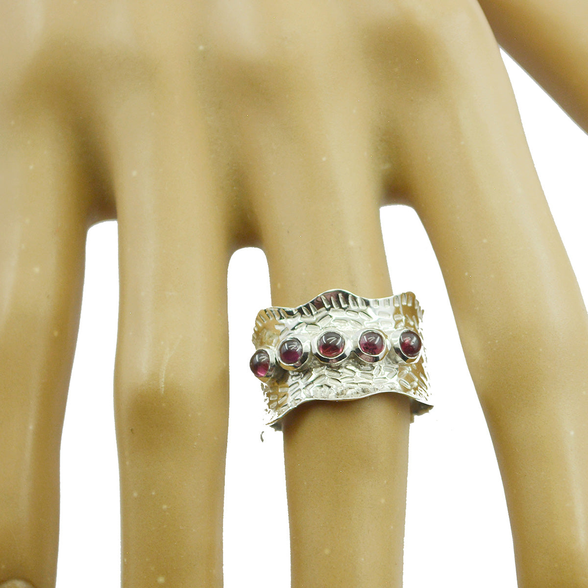 Garnet Penta Moroccan 925 Silver Red Gems Mid weight Vintage Band Jewelry