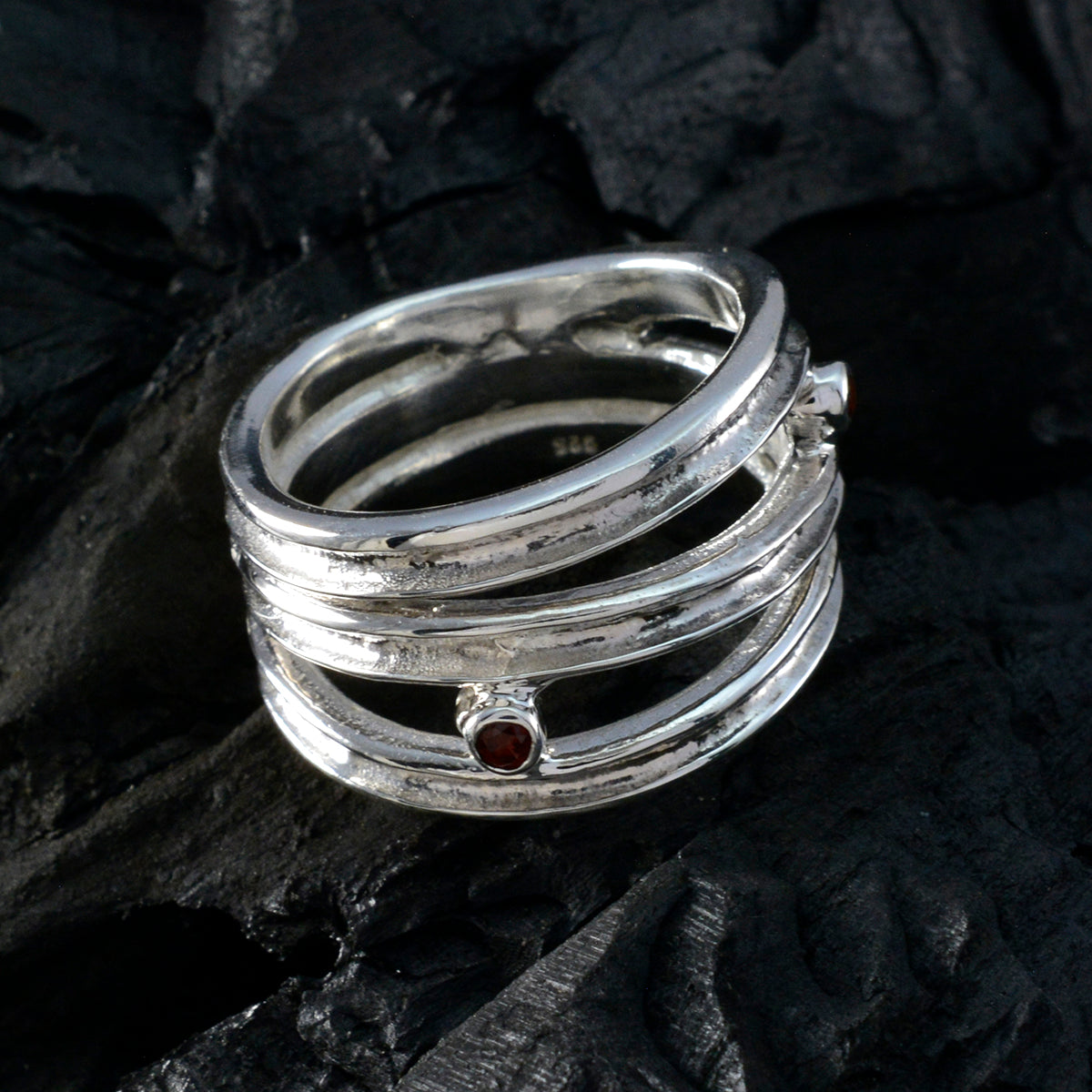 Garnet Solitaire Italian 925 Sterling Silver Red Gemstones Edgy Modern Ring Jewellery