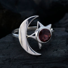 Garnet Solitaire Indian Silver Red Gemstone Featherlight Moon & Star Ring Jewellery