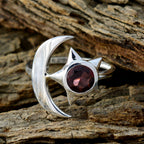 Garnet Solitaire Indian Silver Red Gemstone Featherlight Moon & Star Ring Jewellery