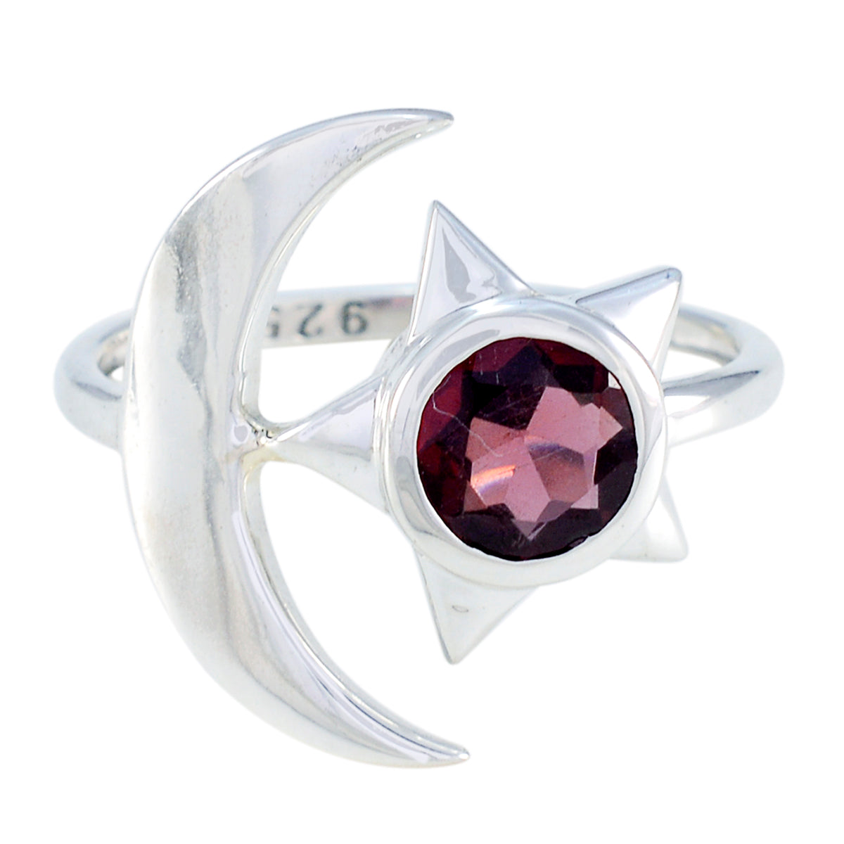Garnet Solitaire Indian Silver Red Gemstone Featherlight Moon & Star Ring Jewellery