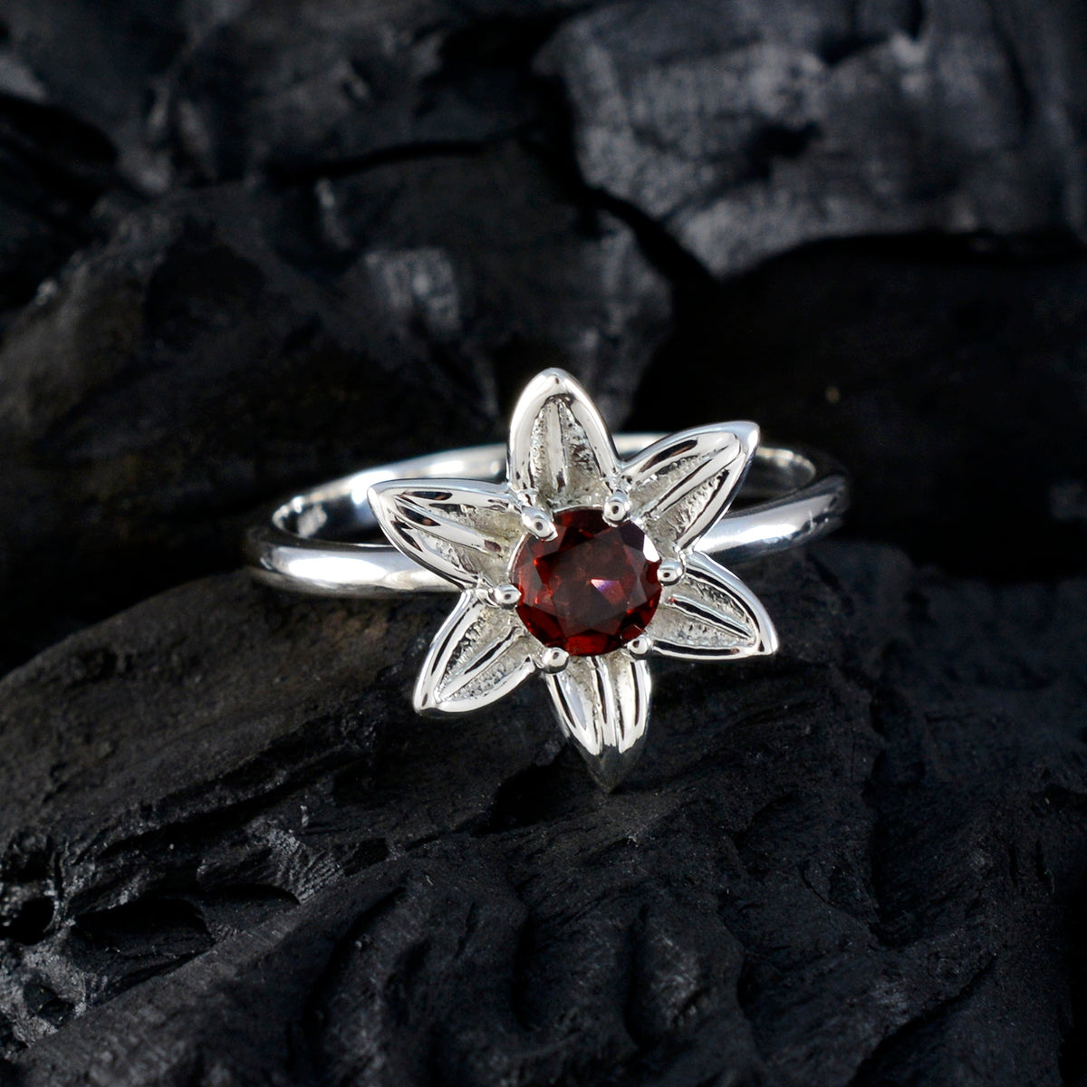 Garnet Solitaire Turkish Sterling Silver Red Gemstone Delicate Abstract Ring Jewellery