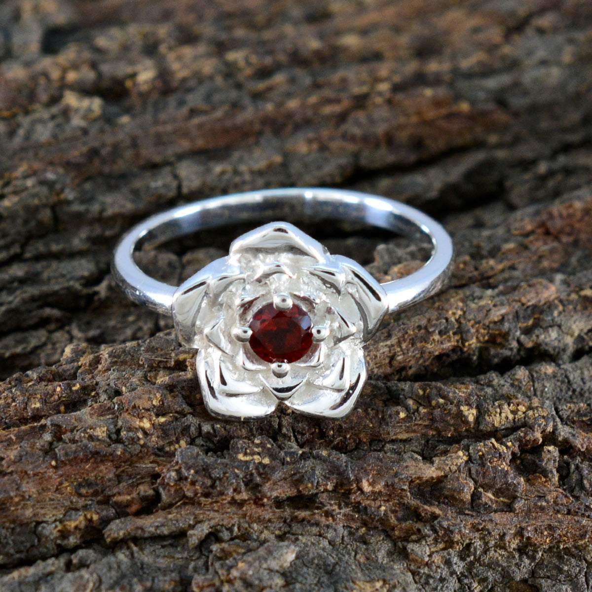 Garnet Solitaire Egyptian Silver Red Gemstone Tiny Floral Ring Jewelry