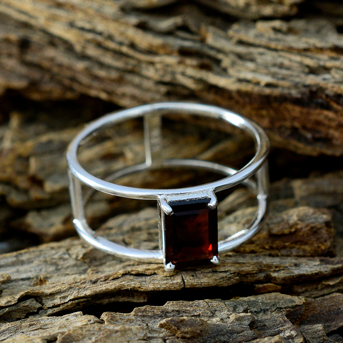 Garnet Solitaire Japanese Sterling Silver Red Gemstone Whisper thin Geometric Band Jewelry