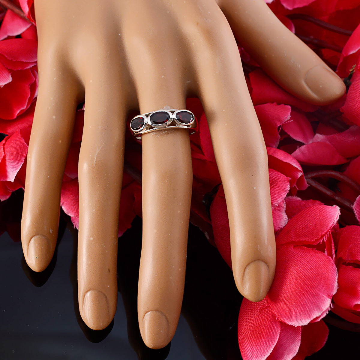 Garnet Trilogy Turkish Silver Red Gemstone Dainty Abstract Ring Jewelry