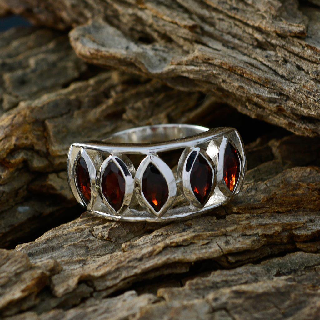 Garnet Penta Indian 925 Sterling Silver Red Gemstone Slim Boho Ring Jewelry