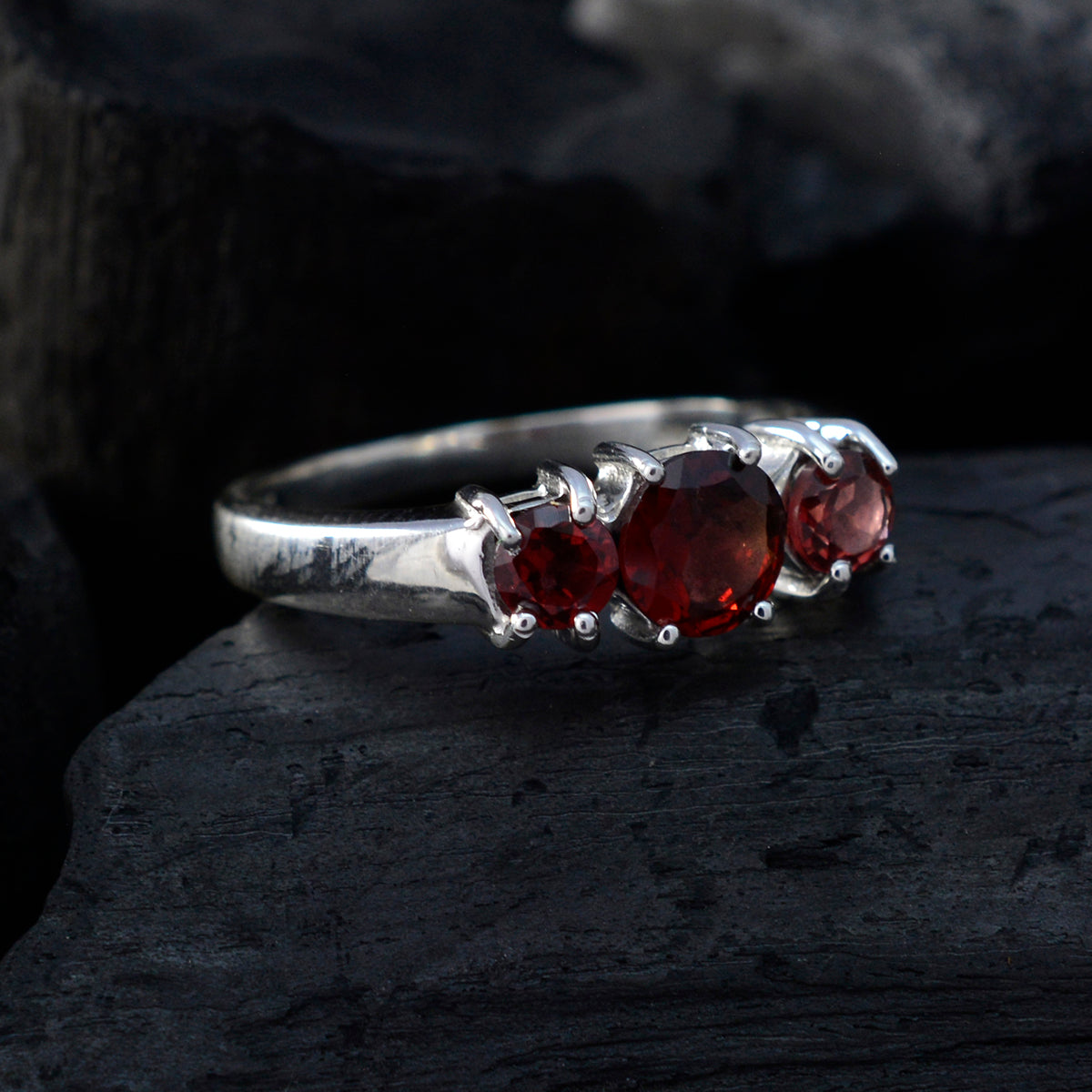 Garnet Trilogy Korean 925 Silver Red Gems Whisper thin Artisan Ring Jewellery