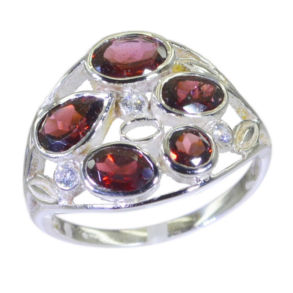 Garnet Penta Egyptian Silver Red Gems Slim Graceful Ring Jewelry