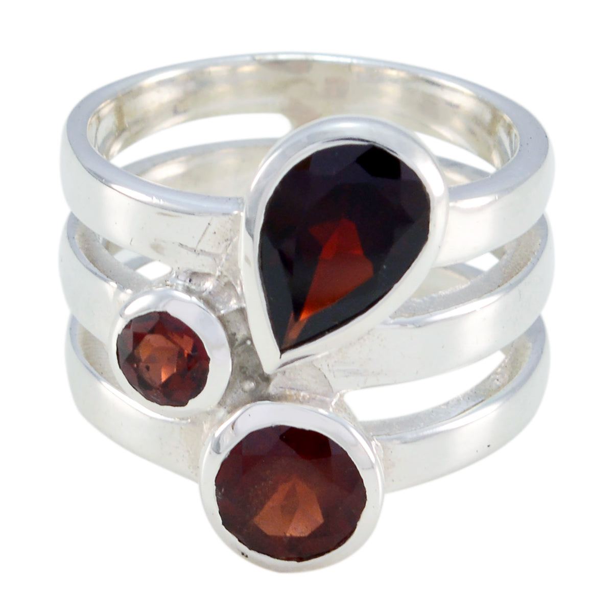 Garnet Trilogy African 925 Sterling Silver Red Gems Eye catching Armor Ring Jewelry