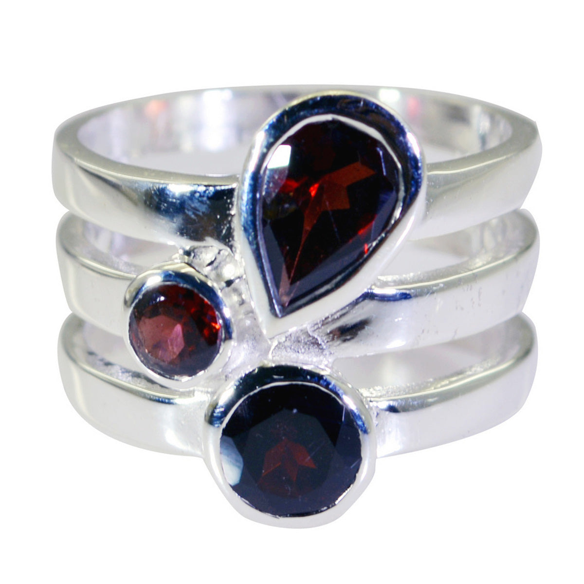 Garnet Trilogy African 925 Sterling Silver Red Gems Eye catching Armor Ring Jewelry