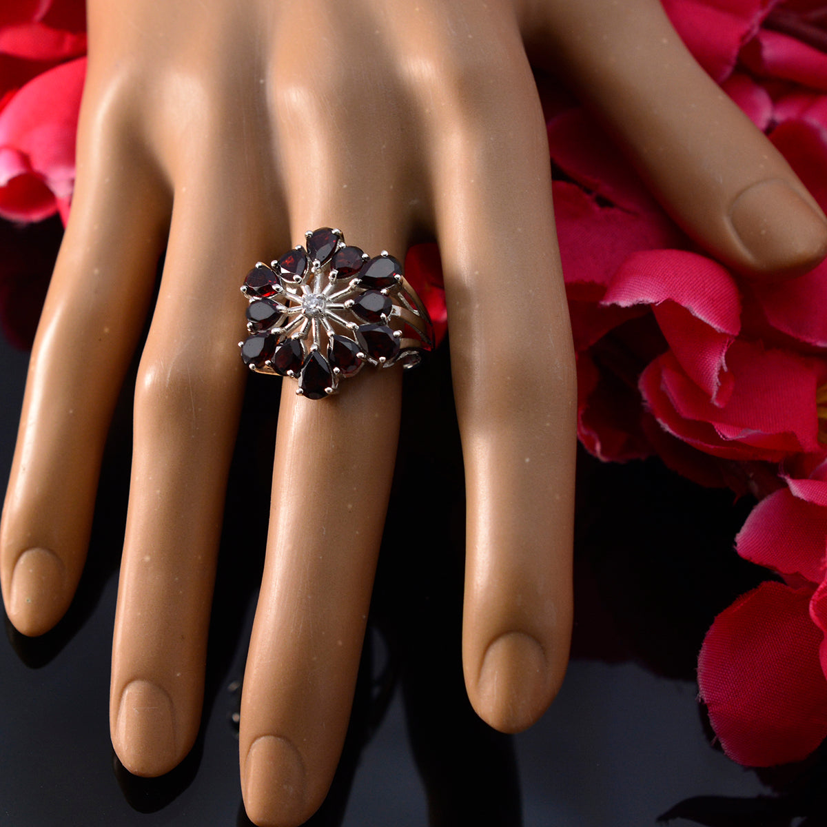 Garnet multiple Moroccan 925 Sterling Silver Red Gemstone Classic Floral Ring Jewelry