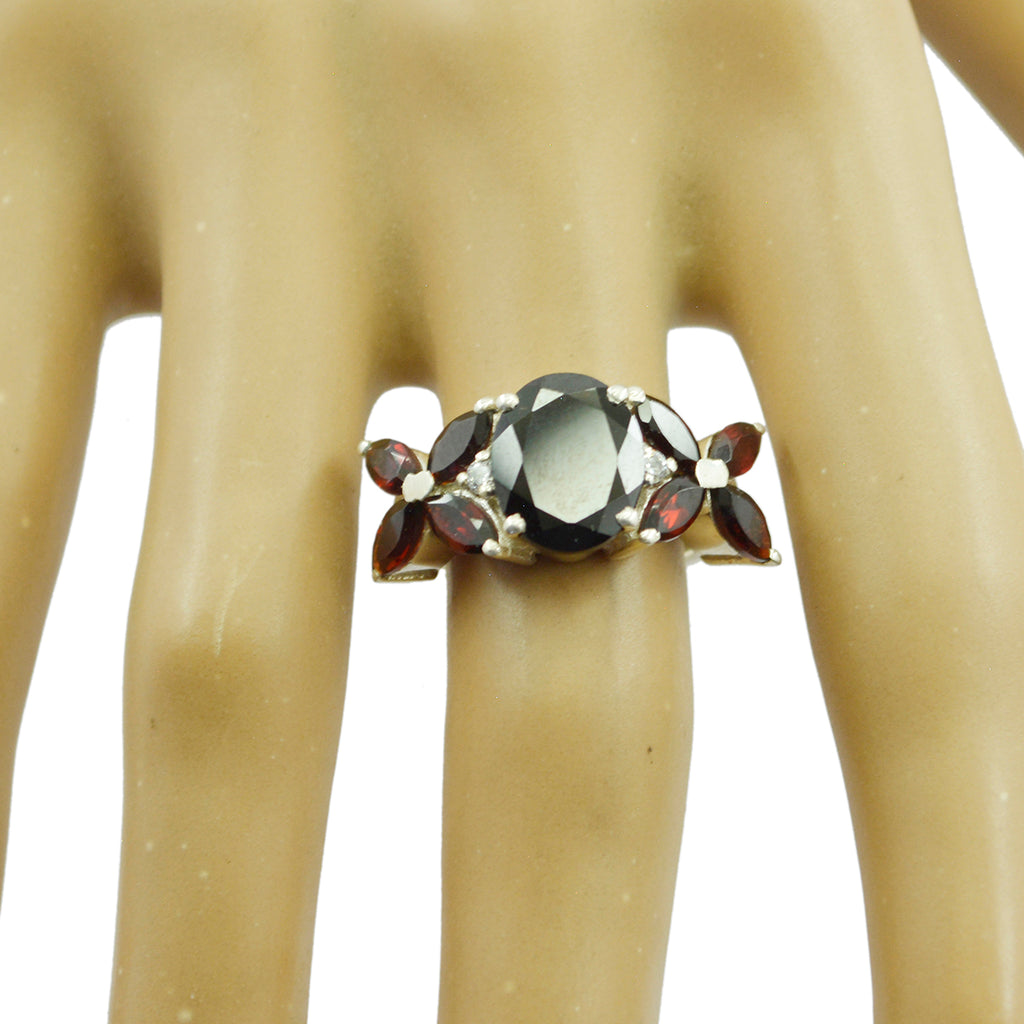 Garnet Navratna Russian Sterling Silver Red Gemstones Mid weight Floral Ring Jewellery