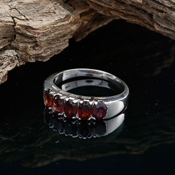 Garnet Penta Russian 92.5 Silver Red Gemstones Minimal Modern Band Jewelry