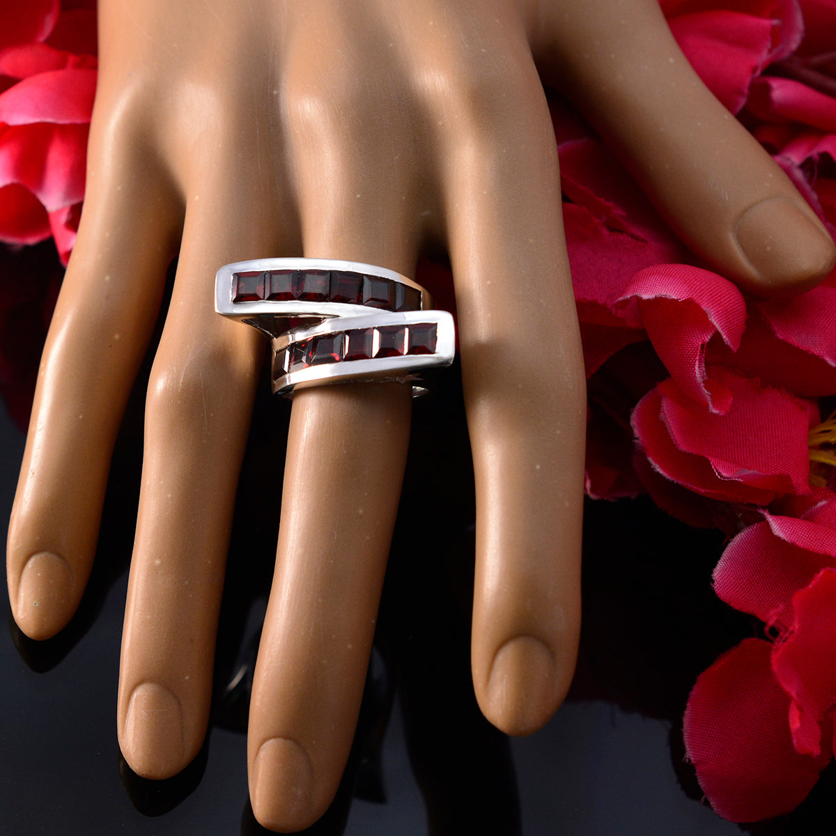 Garnet multiple Italian 925 Sterling Silver Red Gemstone Statement Artisan Ring Jewellery