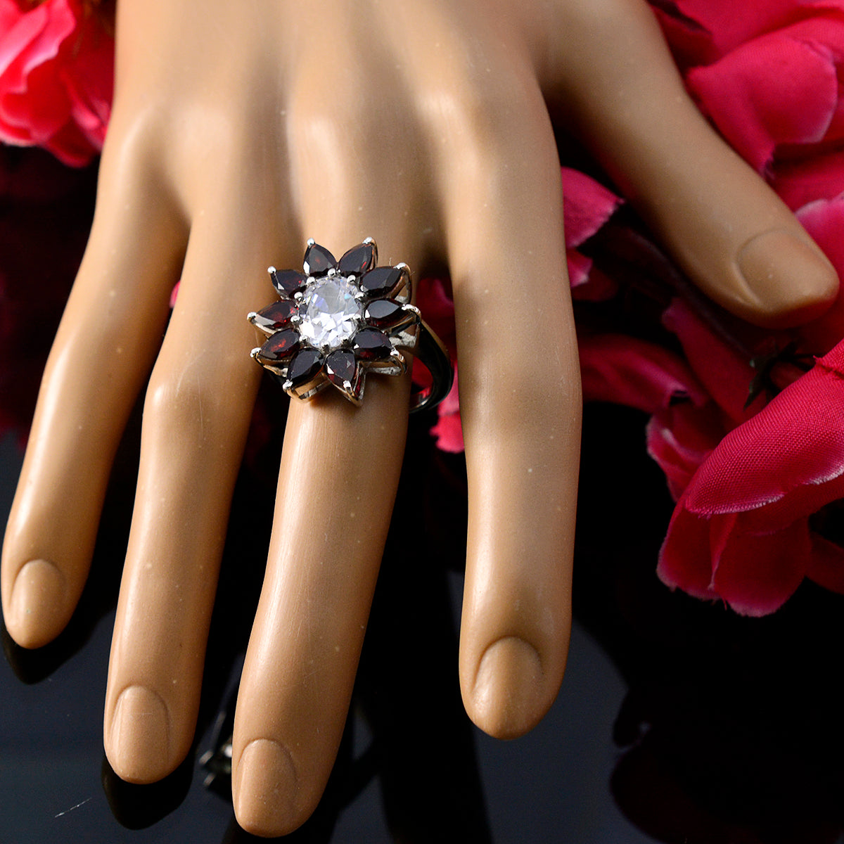 Garnet multiple German 92.5 Silver Red Gems Essential  Abstract Ring Jewellery