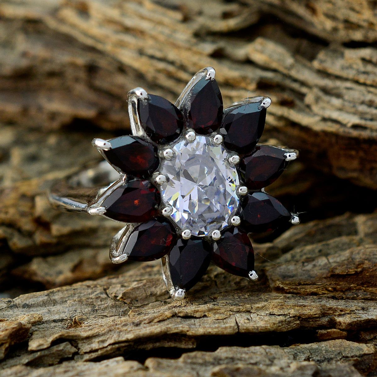 Garnet multiple German 92.5 Silver Red Gems Essential  Abstract Ring Jewellery