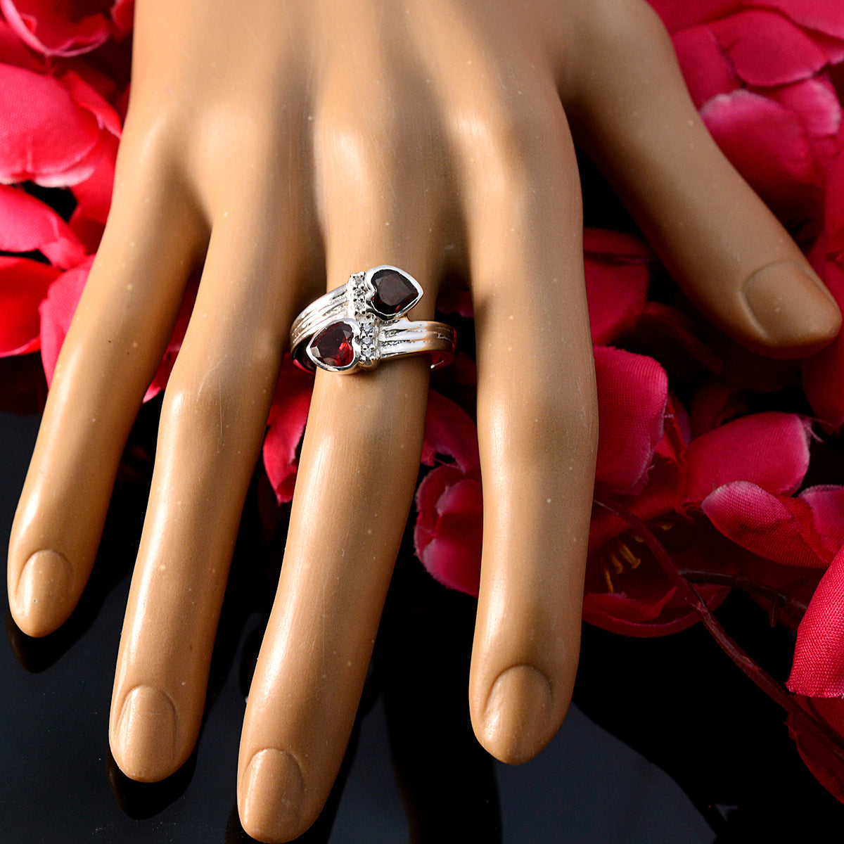 Garnet Toi et Moi Egyptian Silver Red Gems Minimal Abstract Ring Jewellery