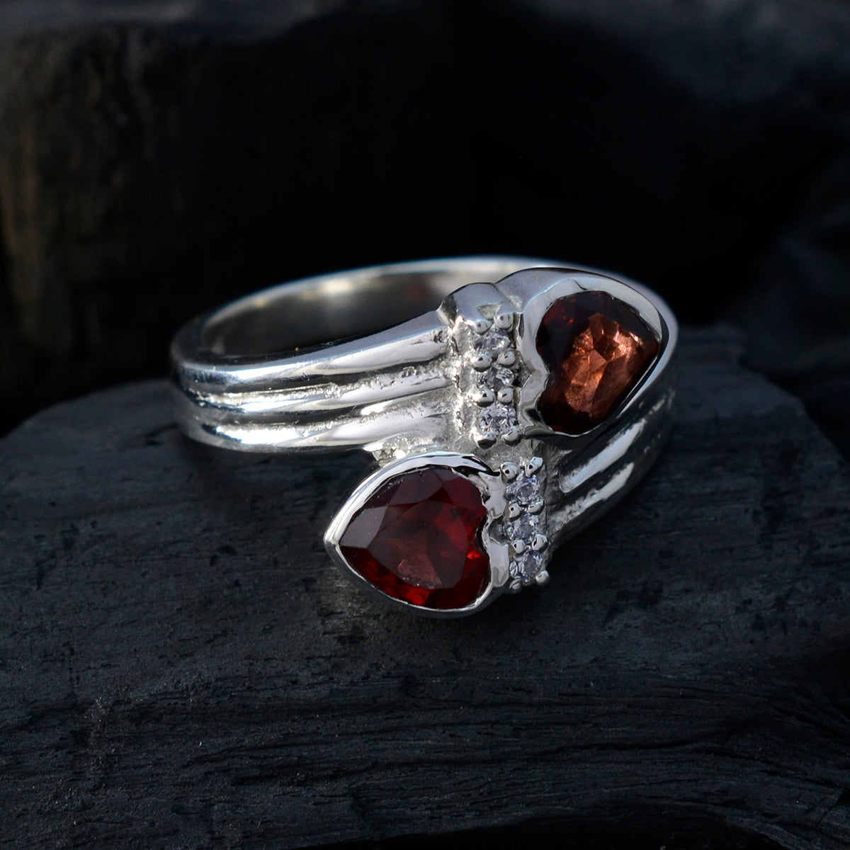 Garnet Toi et Moi Egyptian Silver Red Gems Minimal Abstract Ring Jewellery