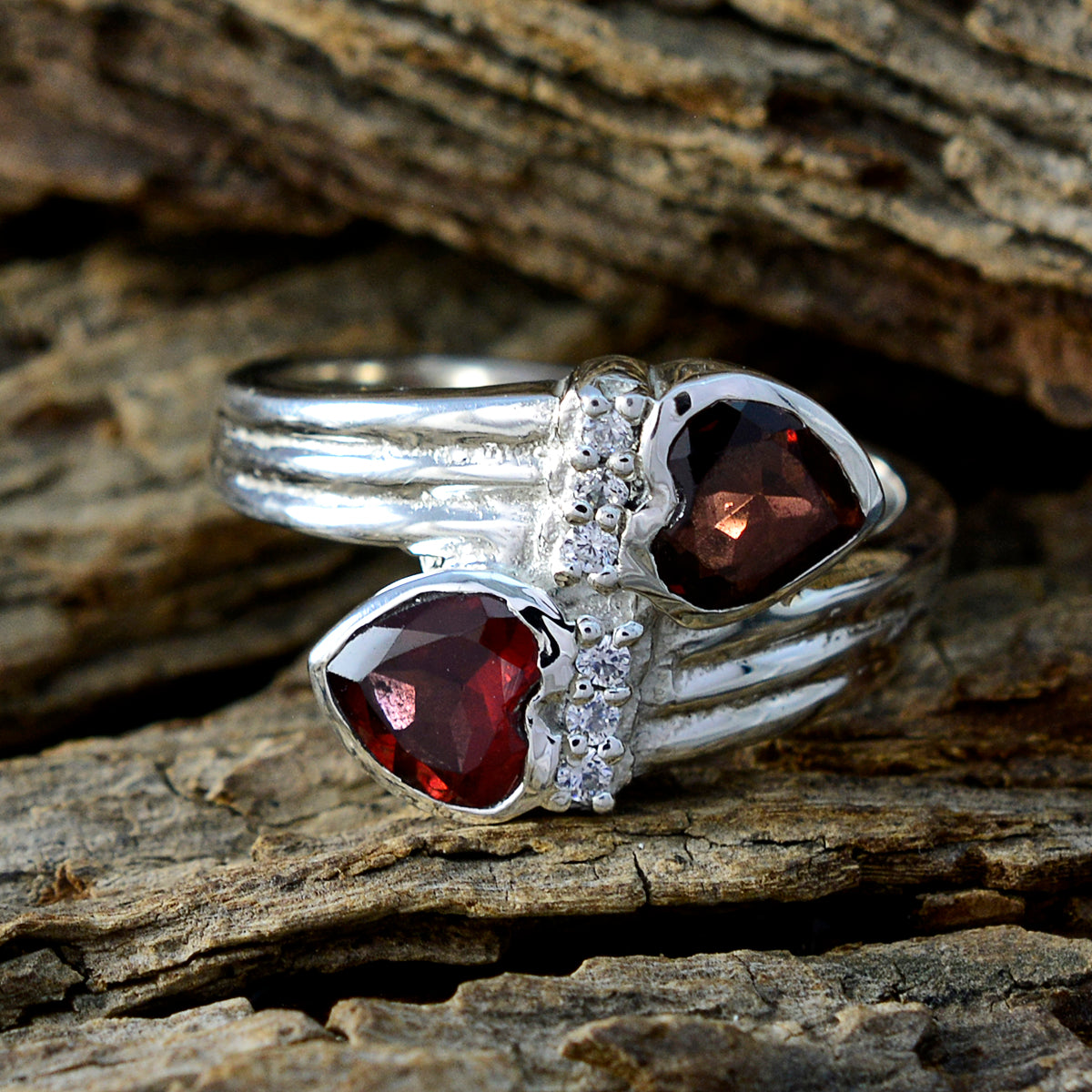 Garnet Toi et Moi Egyptian Silver Red Gems Minimal Abstract Ring Jewellery
