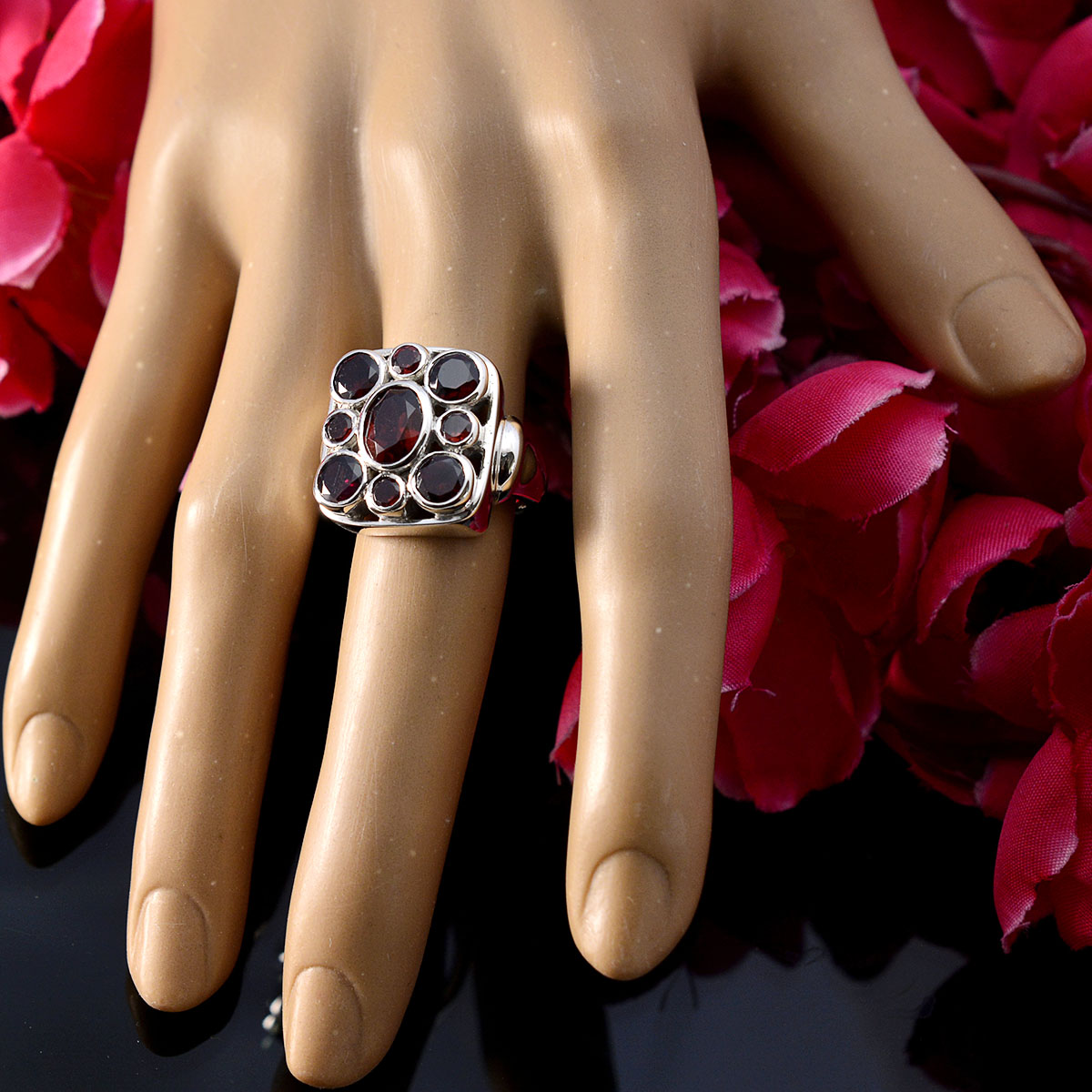 Garnet Navratna German Silver Red Gemstone Statement Vintage Ring Jewellery
