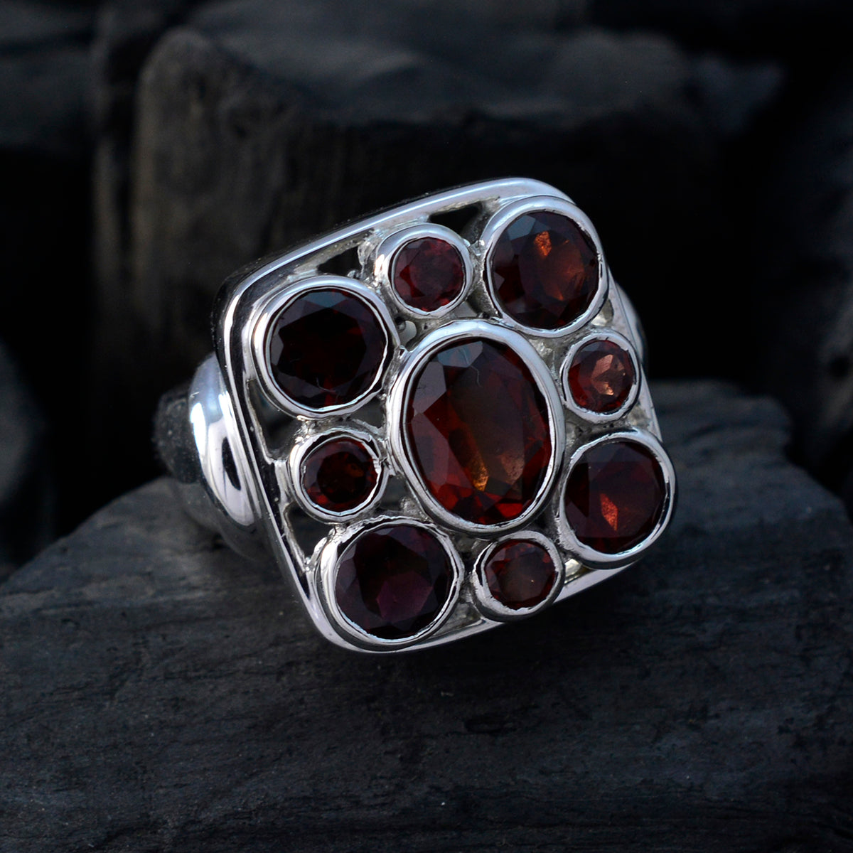 Garnet Navratna German Silver Red Gemstone Statement Vintage Ring Jewellery