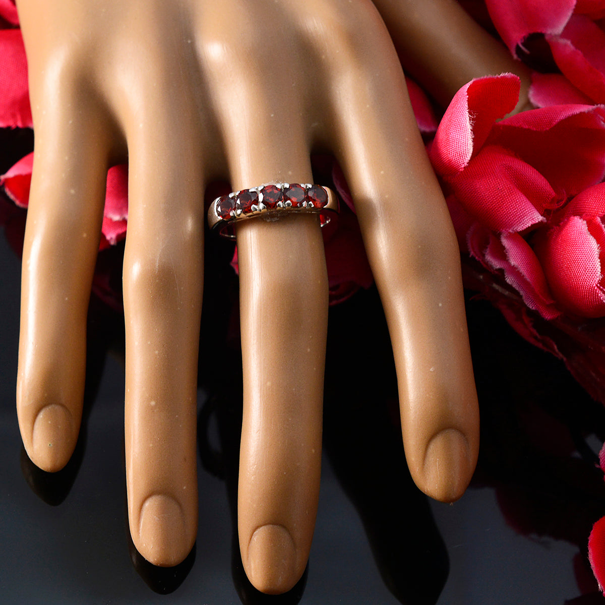 Garnet Penta Korean 925 Silver Red Gems Whisper thin Modern Band Jewelry