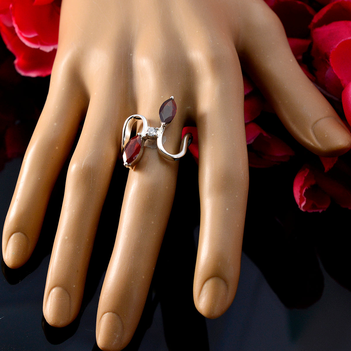 Garnet Trilogy French 92.5 Silver Red Gemstone Slim Abstract Ring Jewellery