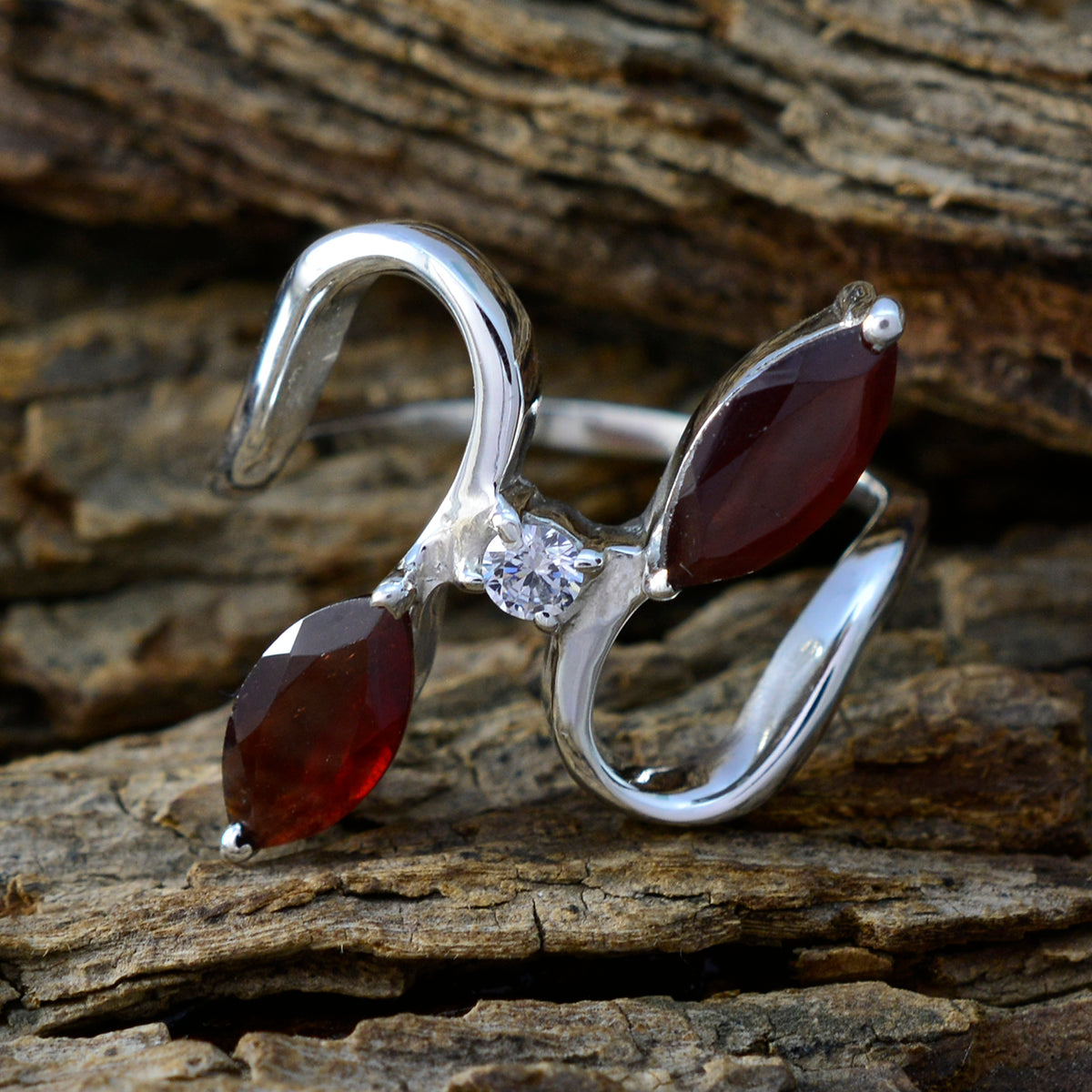 Garnet Trilogy French 92.5 Silver Red Gemstone Slim Abstract Ring Jewellery