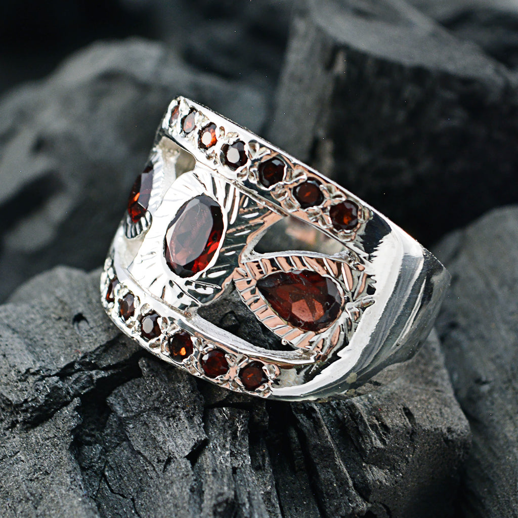 Garnet multiple German 925 Sterling Silver Red Gemstone Statement Artisan Ring Jewelry