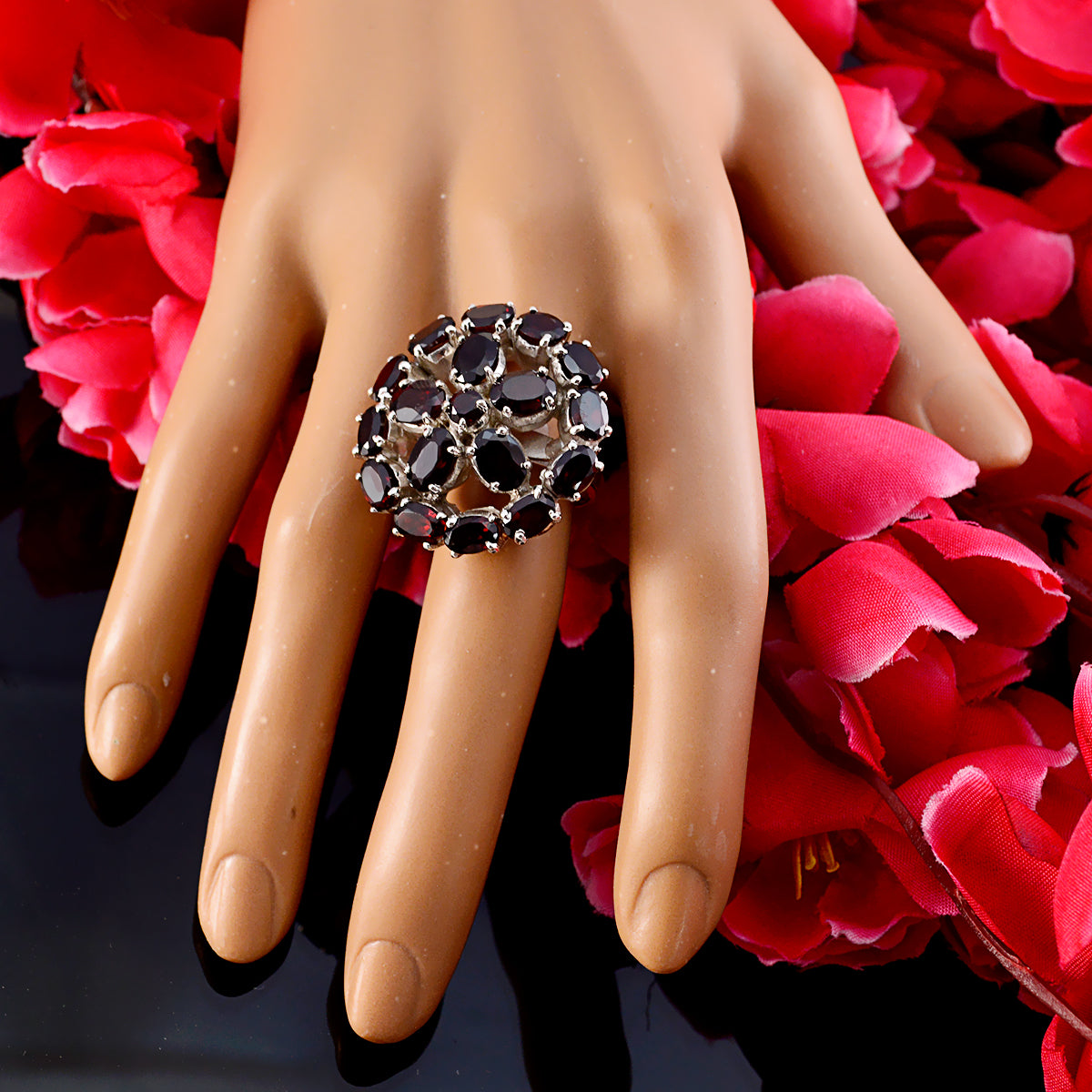 Garnet multiple German 925 Silver Red Gemstones Chunky Victorian Ring Jewelry