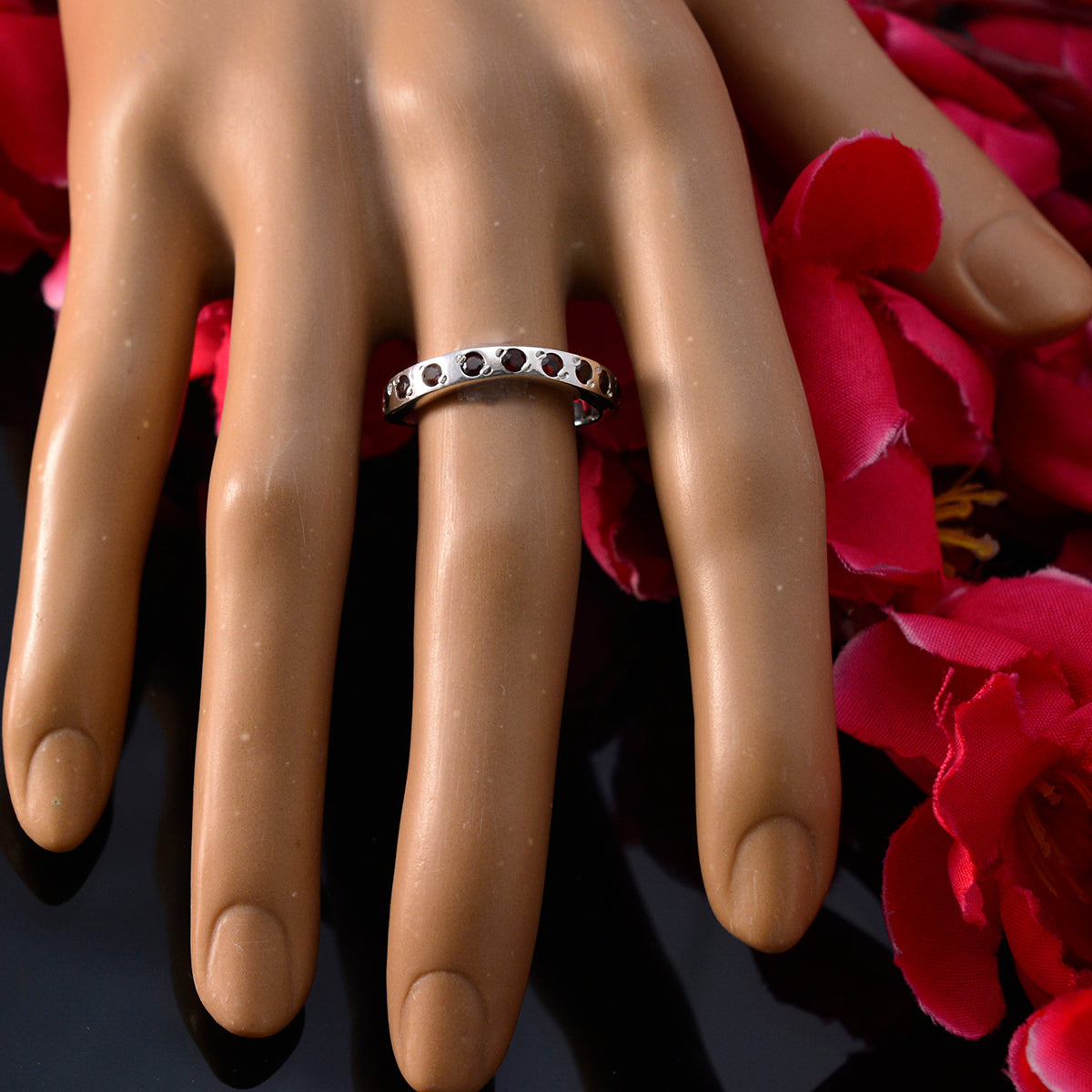 Garnet multiple Korean 925 Sterling Silver Red Gemstones Dainty Eternity Band Jewellery