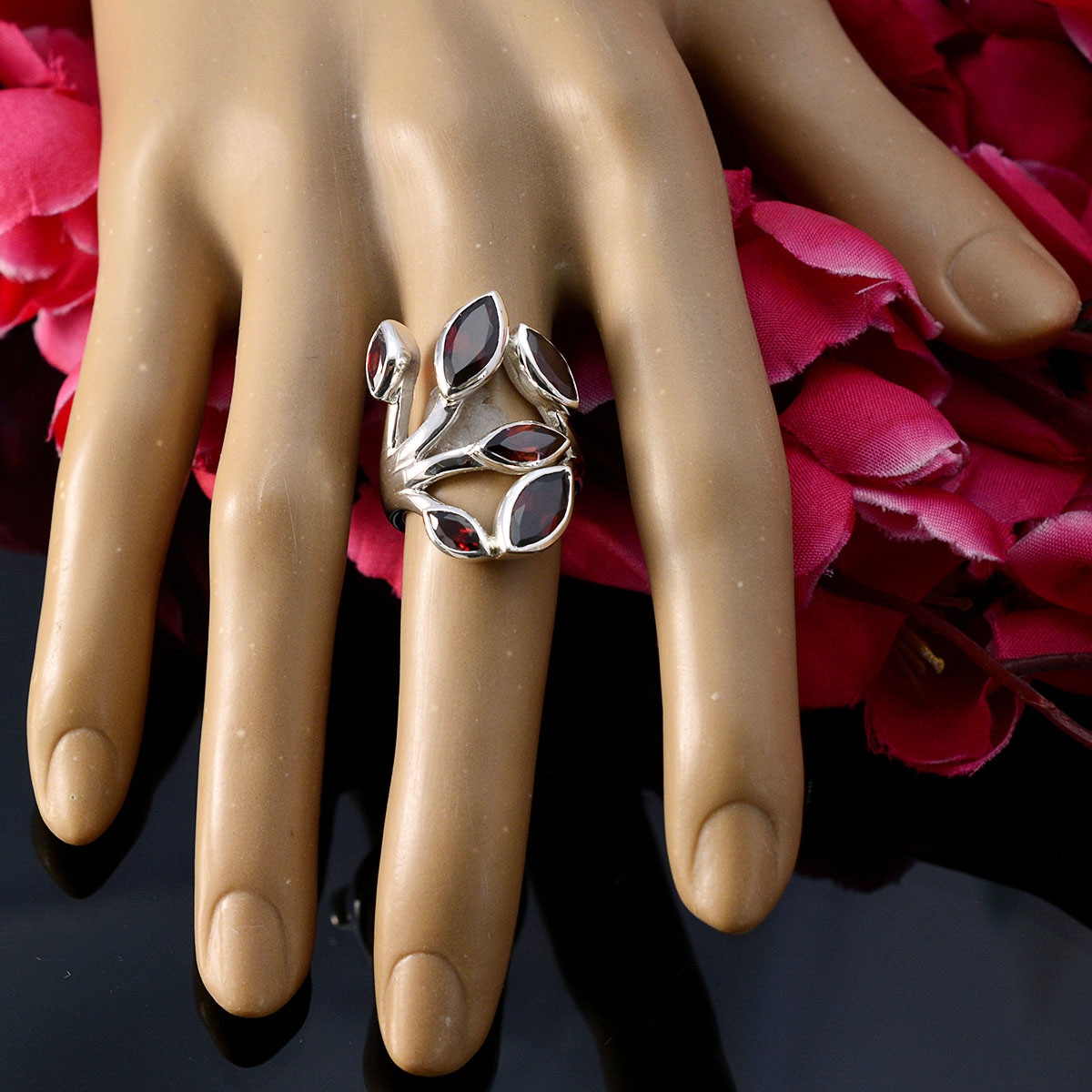 Garnet Hexa Moroccan Sterling Silver Red Gems Versatile Leafy Ring Jewelry