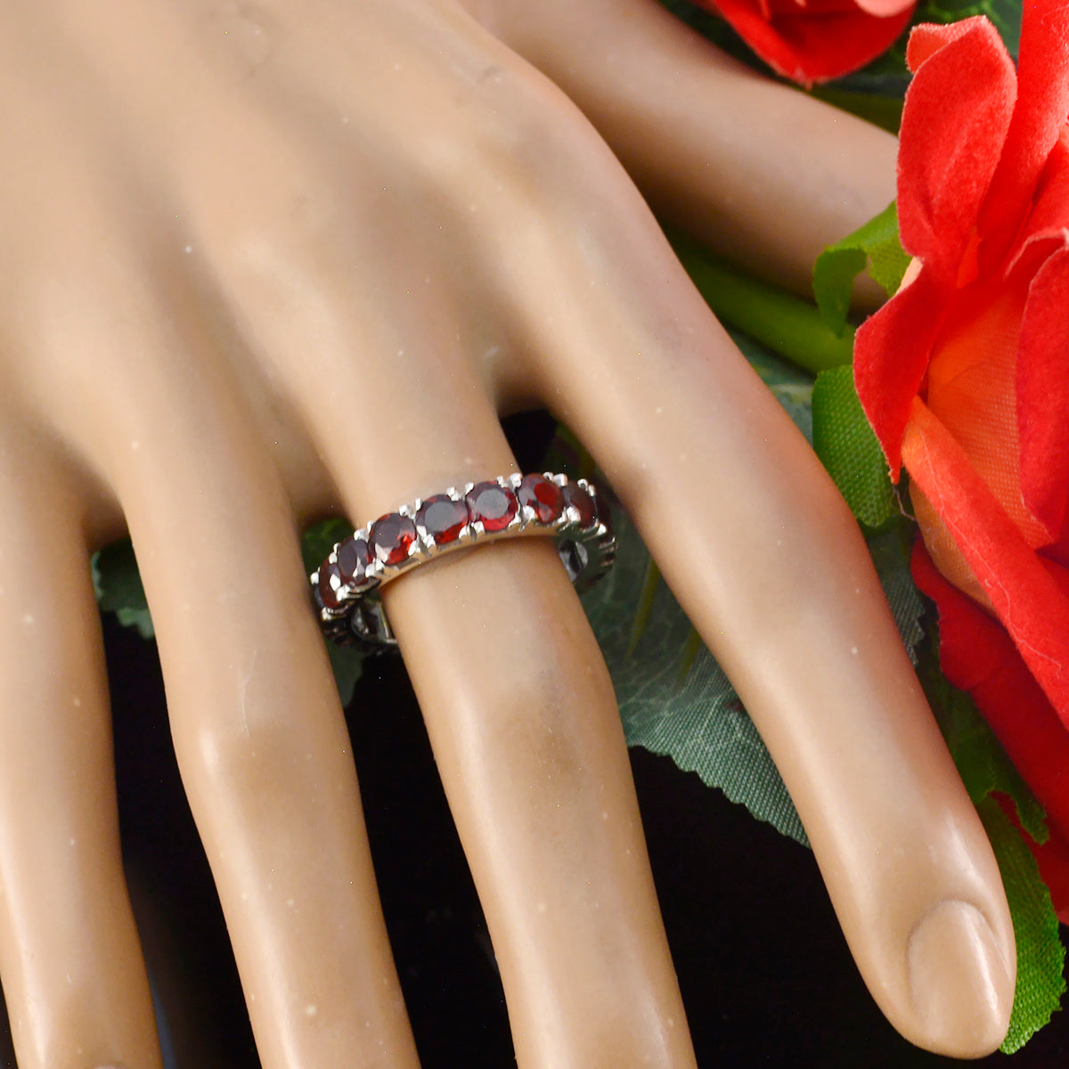 Garnet multiple Italian Sterling Silver Red Gemstone Edgy Eternity Band Jewellery