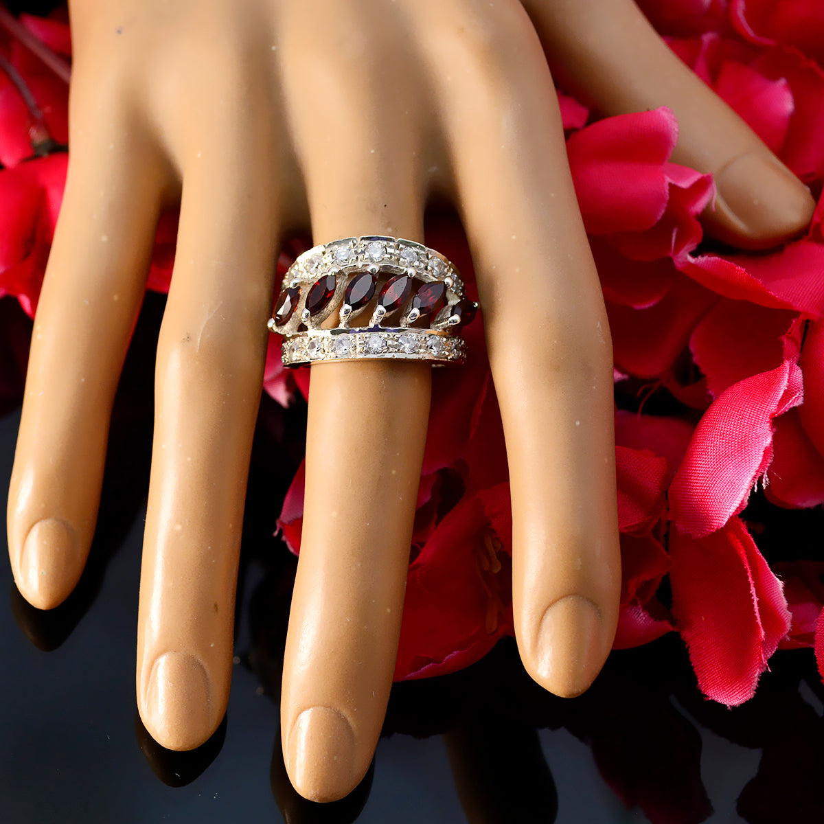 Garnet Hexa French 925 Sterling Silver Red Gemstone Versatile Abstract Ring Jewellery