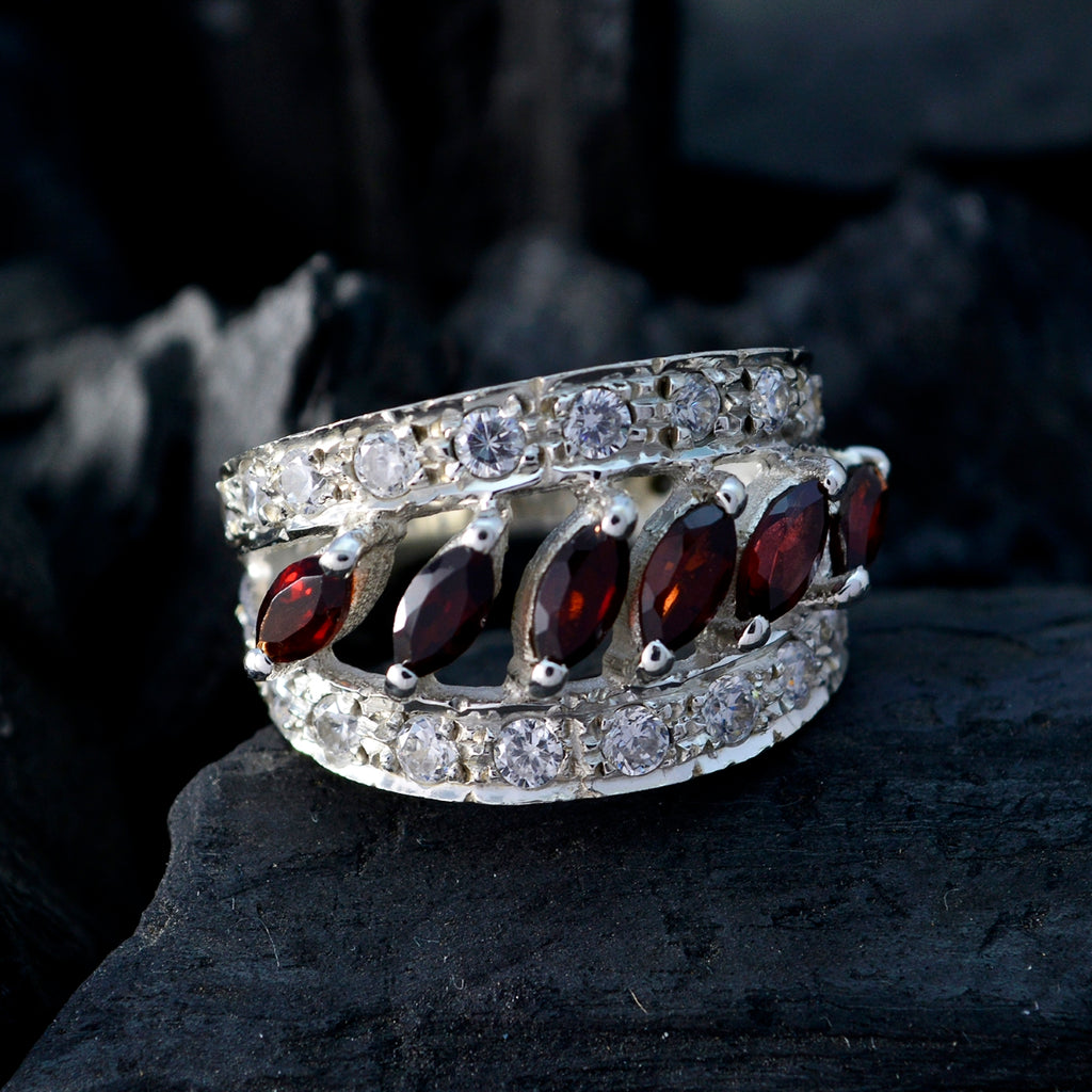 Garnet Hexa French 925 Sterling Silver Red Gemstone Versatile Abstract Ring Jewellery