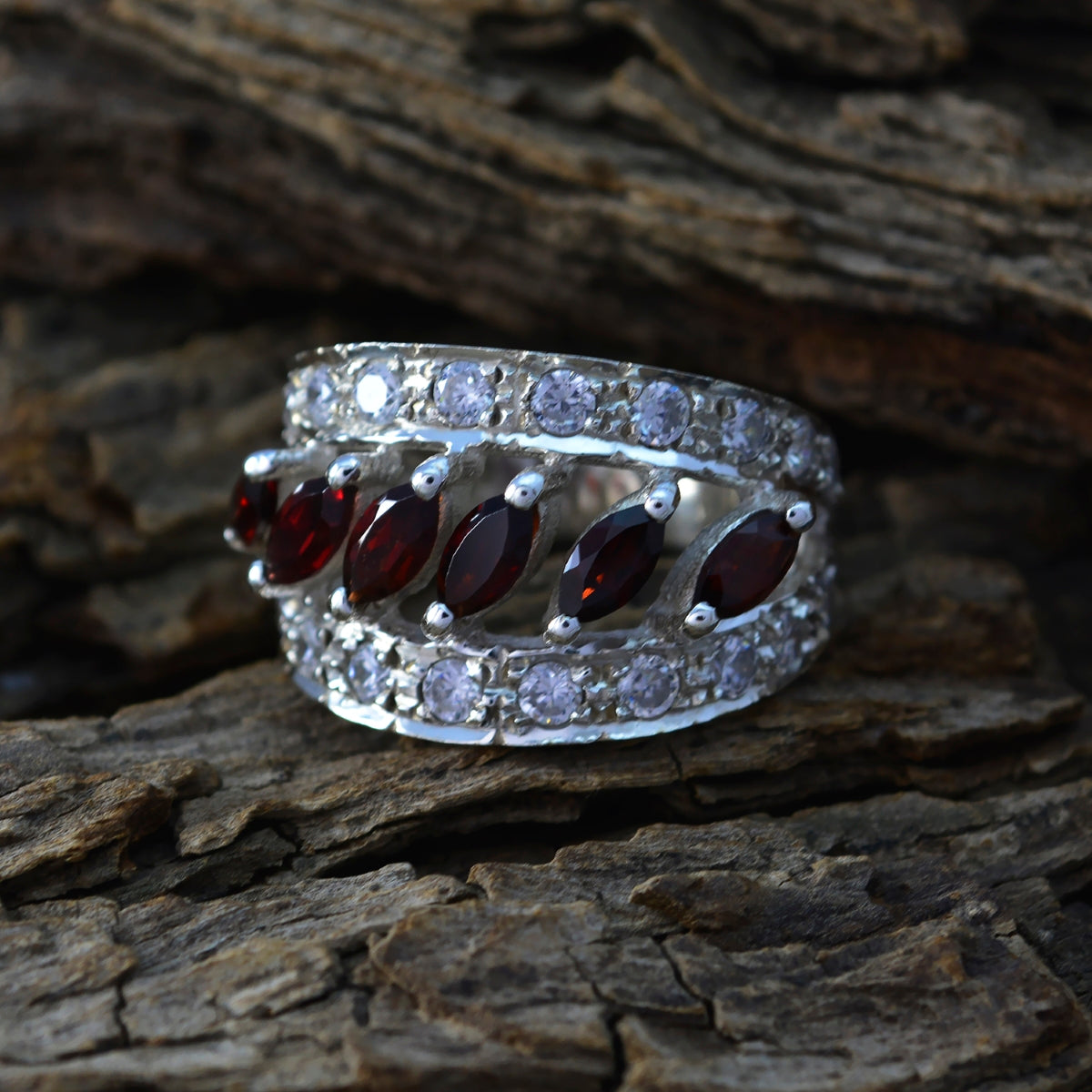 Garnet Hexa French 925 Sterling Silver Red Gemstone Versatile Abstract Ring Jewellery