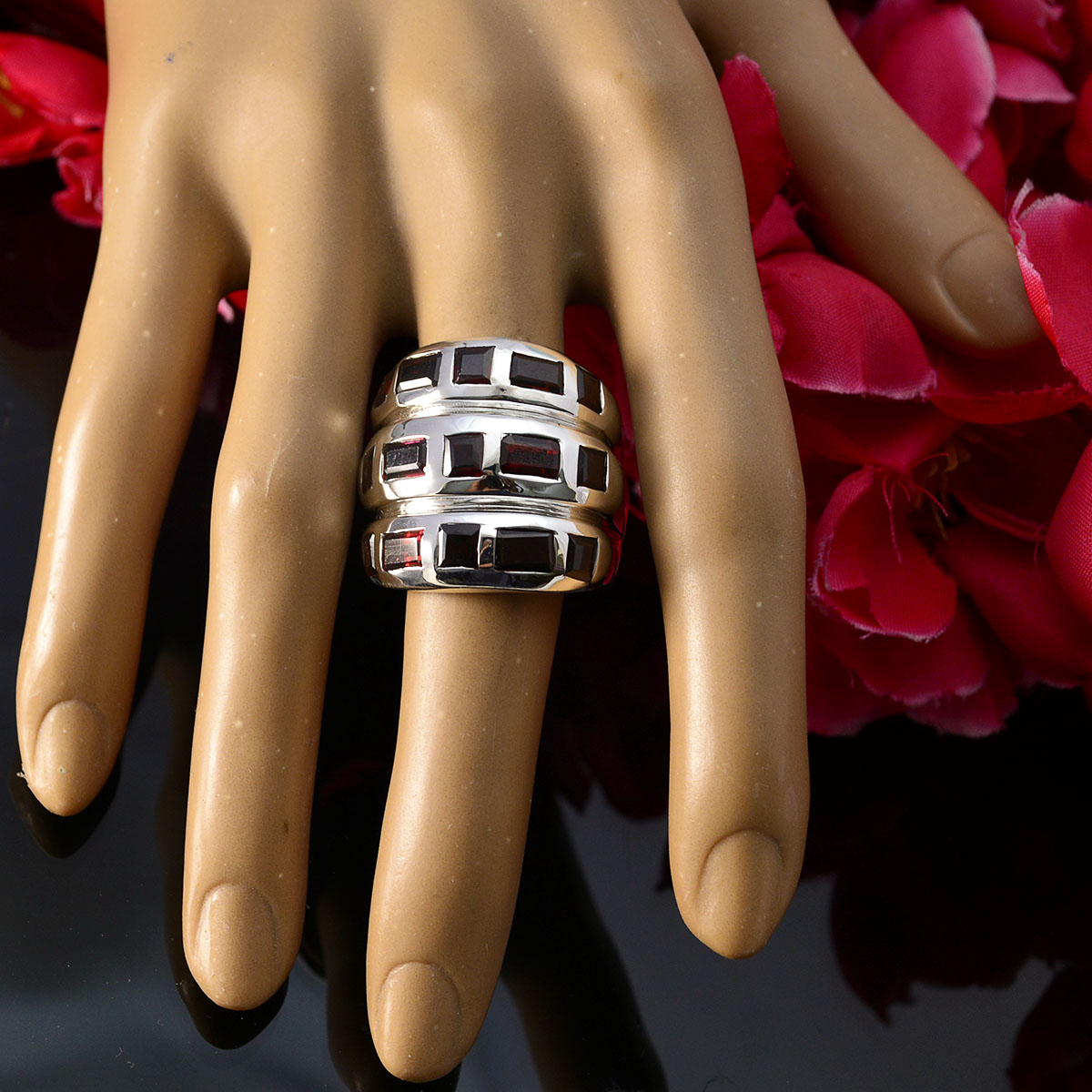 Garnet multiple Italian Silver Red Gemstones Chunky Cocktail Ring Jewellery