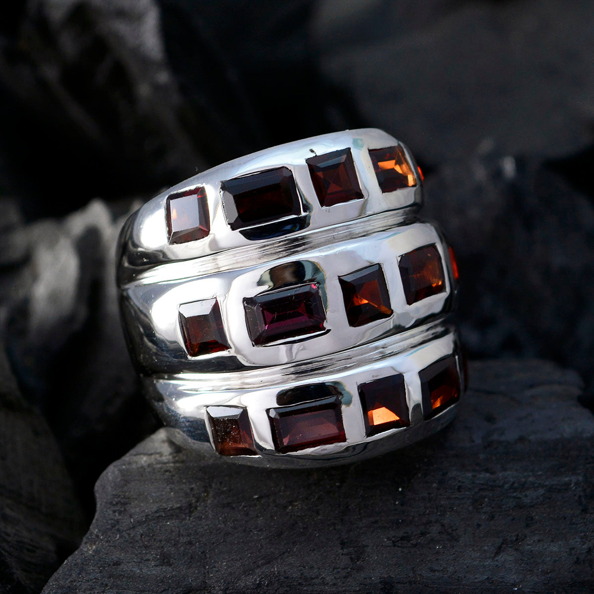 Garnet multiple Italian Silver Red Gemstones Chunky Cocktail Ring Jewellery