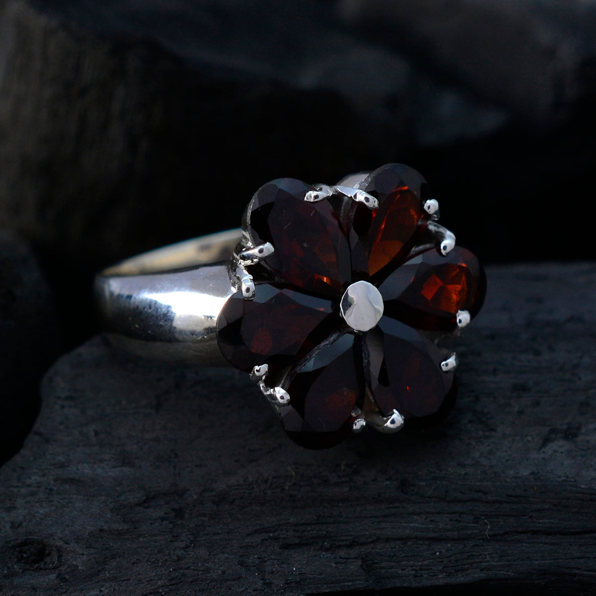 Garnet Hexa French Silver Red Gemstone Minimal Sophisticated Ring Jewelry