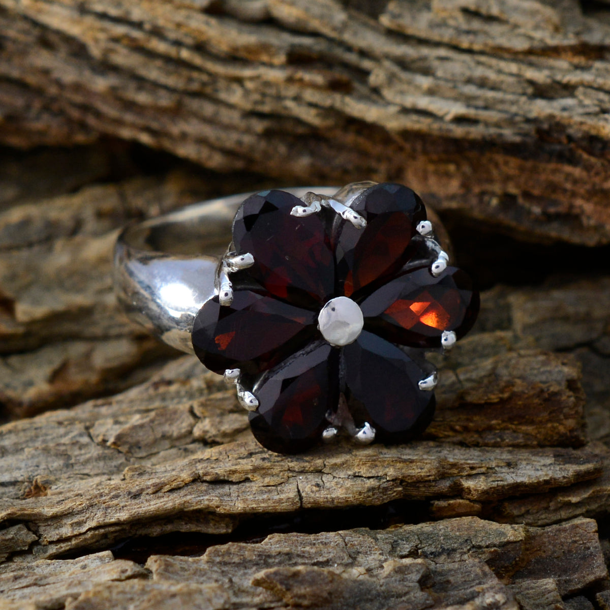 Garnet Hexa French Silver Red Gemstone Minimal Sophisticated Ring Jewelry