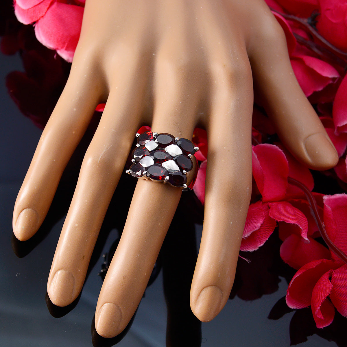Garnet Navratna German 925 Sterling Silver Red Gemstones Statement Heritage Ring Jewelry
