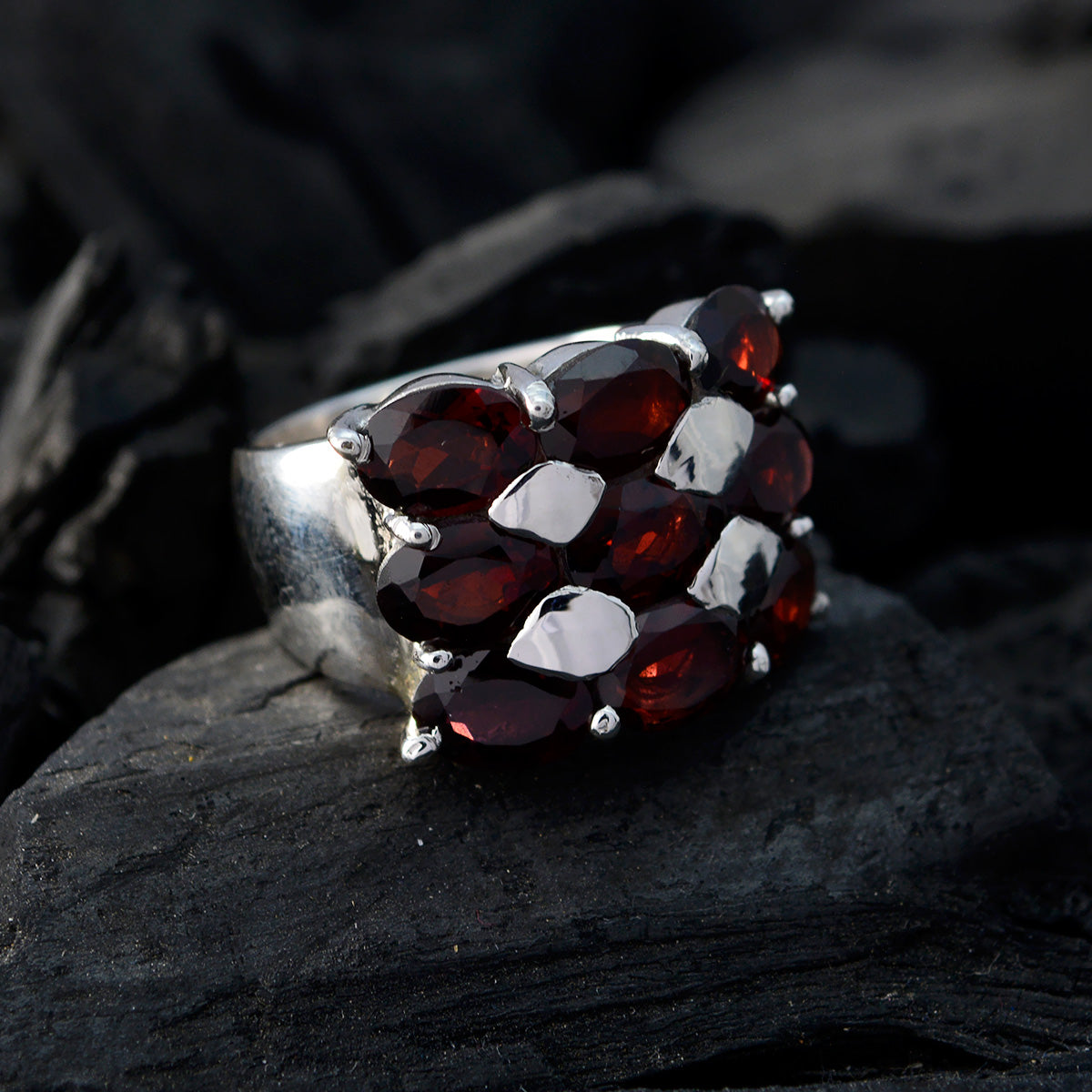 Garnet Navratna German 925 Sterling Silver Red Gemstones Statement Heritage Ring Jewelry