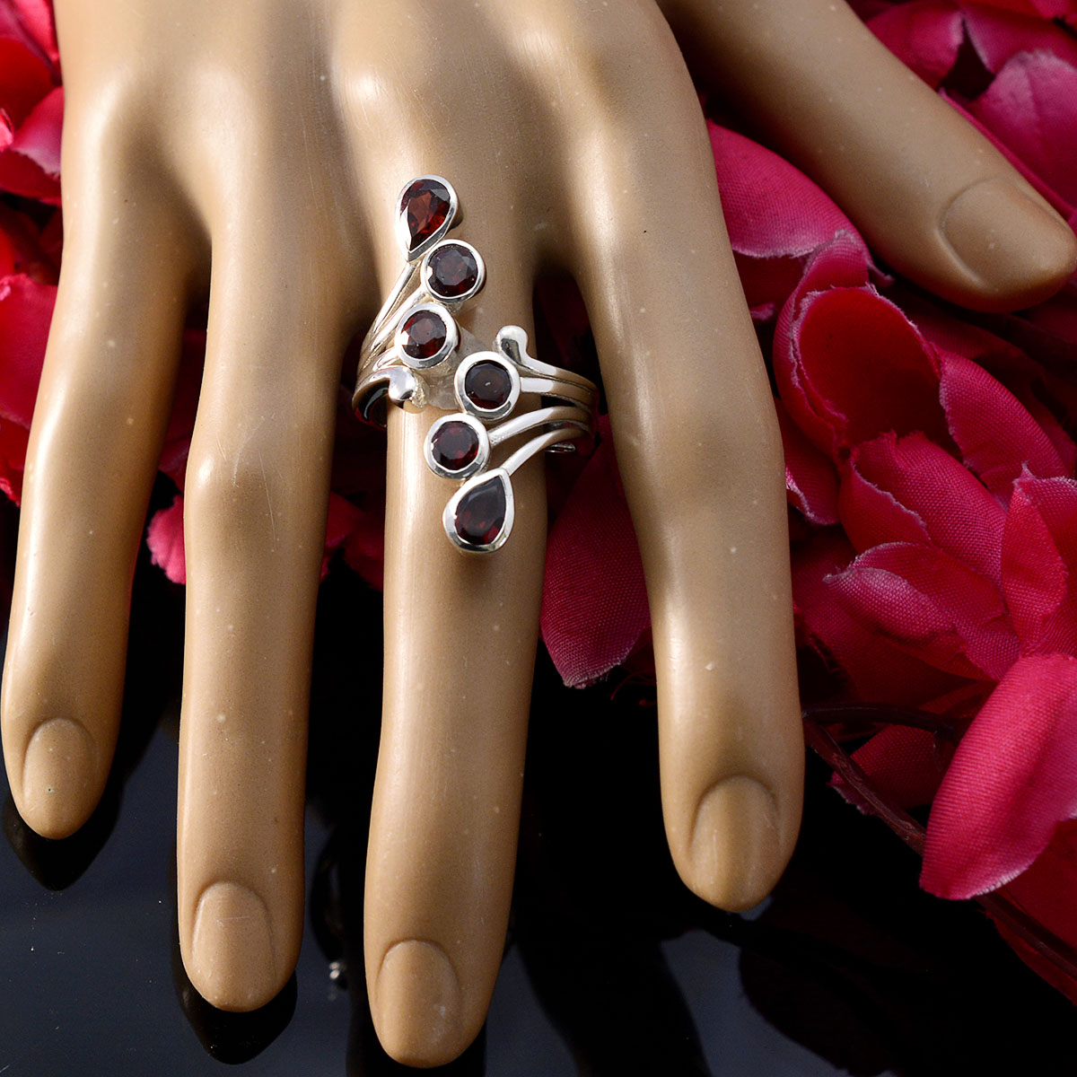Garnet Hexa French 925 Sterling Silver Red Gemstone Versatile Trendy Ring Jewelry