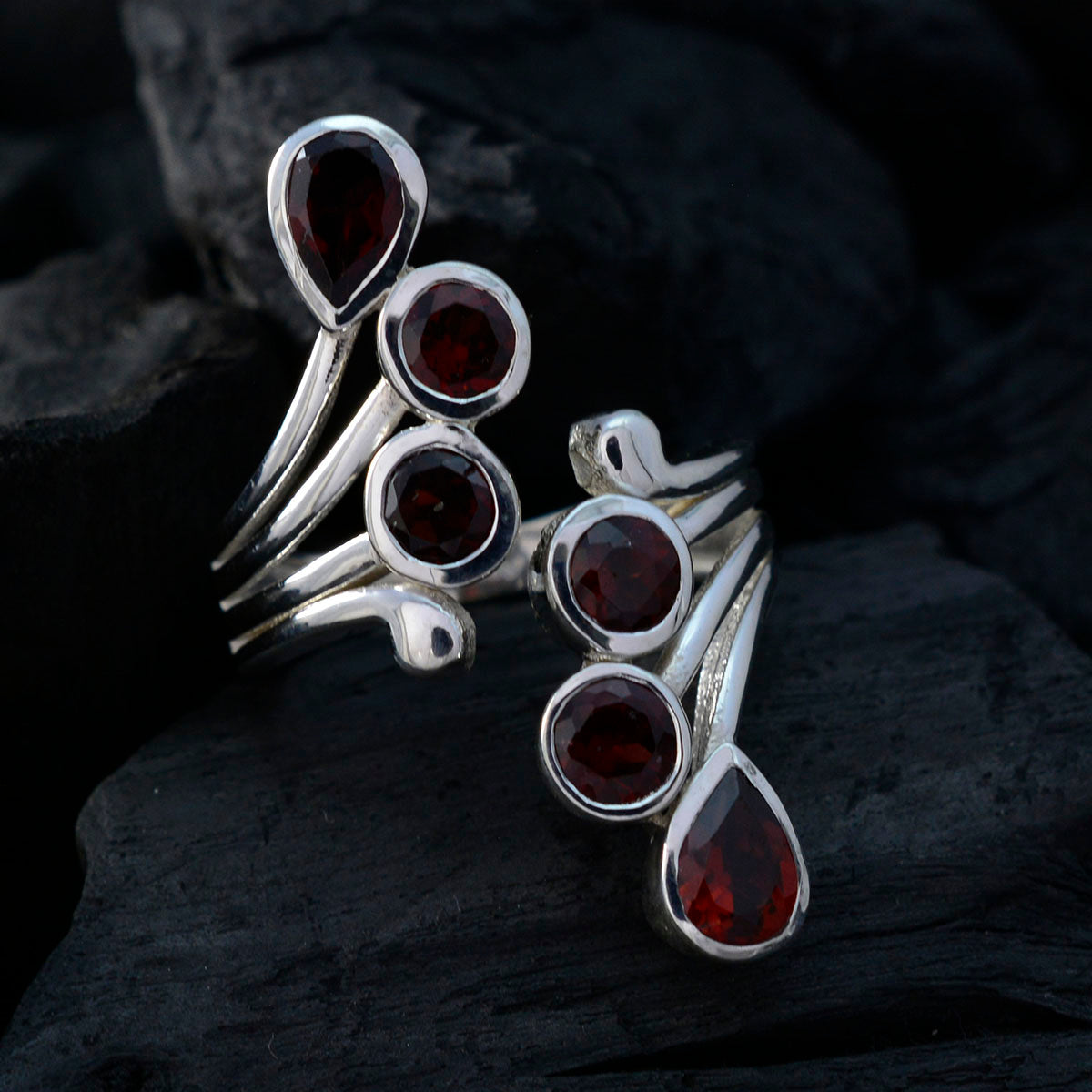 Garnet Hexa French 925 Sterling Silver Red Gemstone Versatile Trendy Ring Jewelry