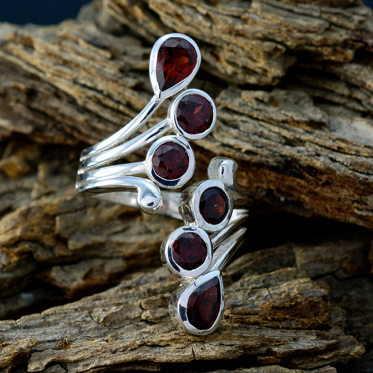 Garnet Hexa French 925 Sterling Silver Red Gemstone Versatile Trendy Ring Jewelry