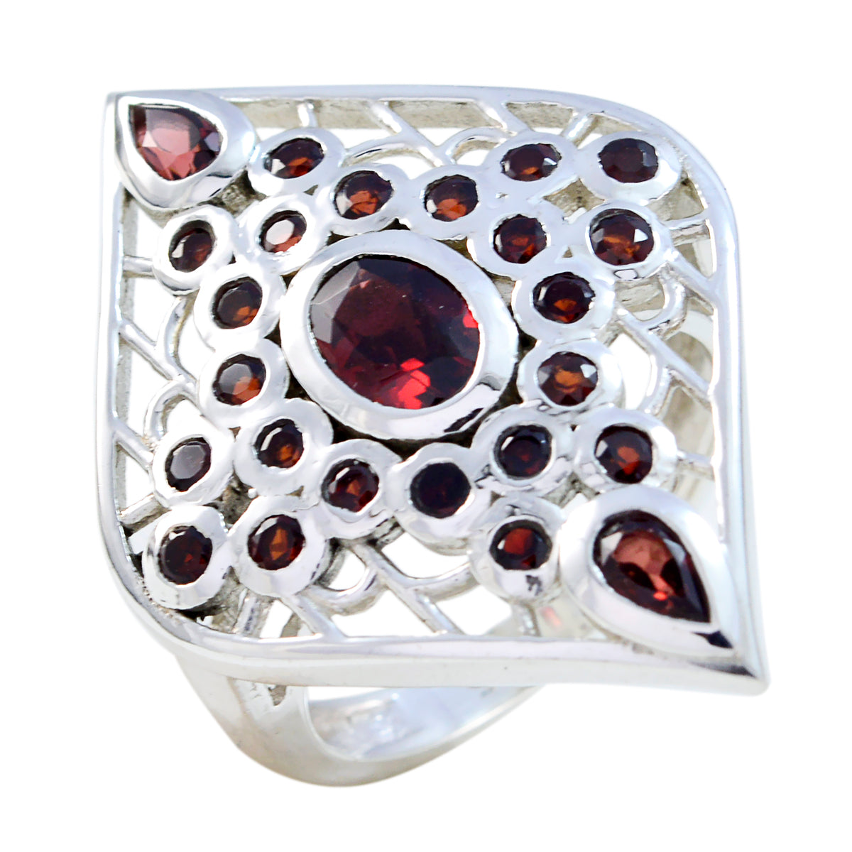 Garnet multiple Egyptian 925 Sterling Silver Red Gemstones Eye catching Contemporary Ring Jewellery メイン画像